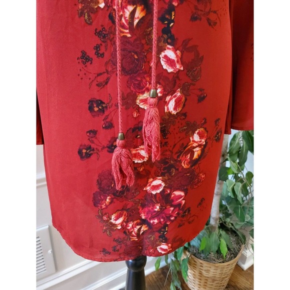 Altar’d State Red Floral Lace Up Boho Bell Sleeve V Neck Knee Length Dress Small - Picture 4 of 14